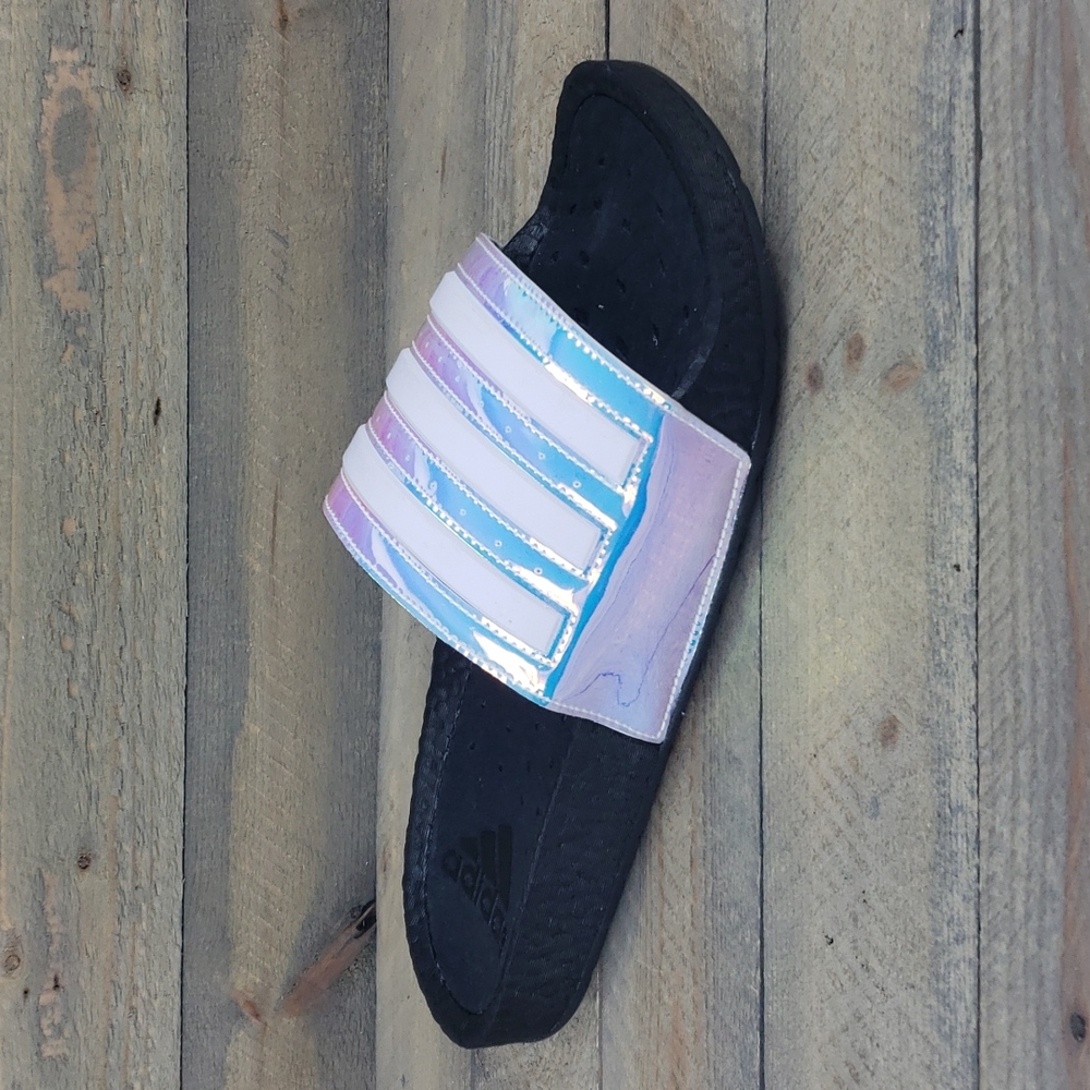adidas Adilette Boost Men's Premium Sandals Slides Black Iridescent - Picture 2 of 10